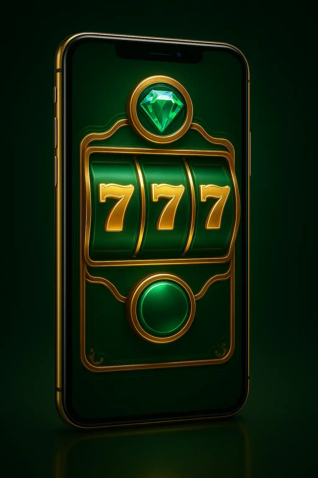 Smartphone displaying a glowing emerald and gold BetMica casino app interface with slot reels