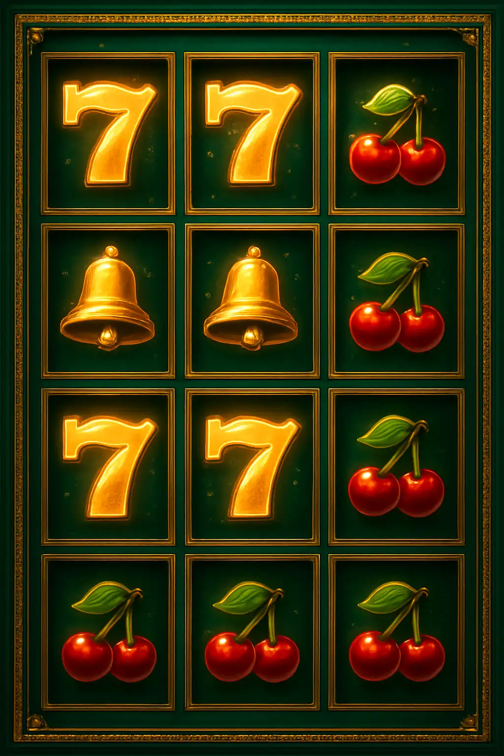 Grid of glowing emerald and gold slot machine reels representing the BetMica slots library