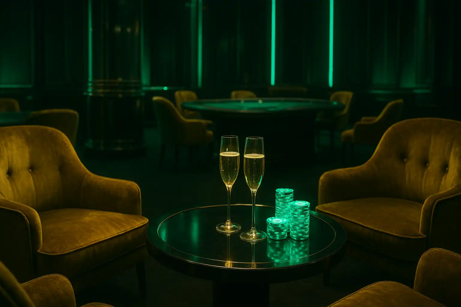 Exclusive gold and emerald VIP casino lounge with velvet seating and glowing chip stacks